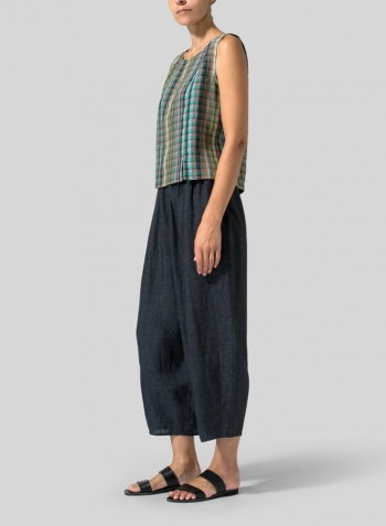 Multi Green Check Linen Sleeveless Short Tank