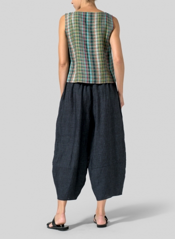 Multi Green Check Linen Sleeveless Short Tank