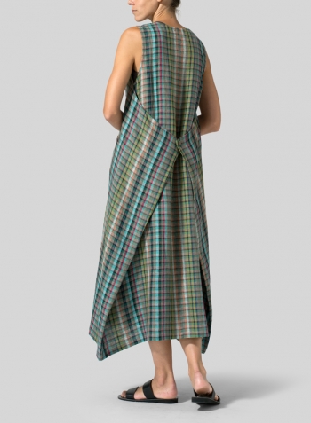 Green Check Linen Sleeveless Long Dress