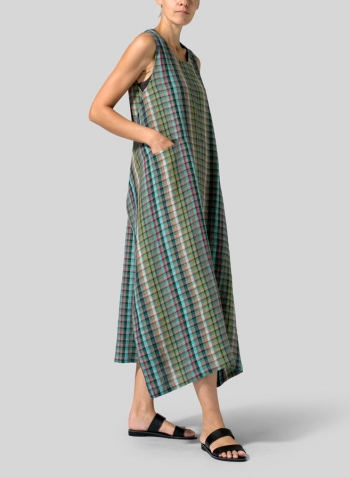 Green Check Linen Sleeveless Long Dress