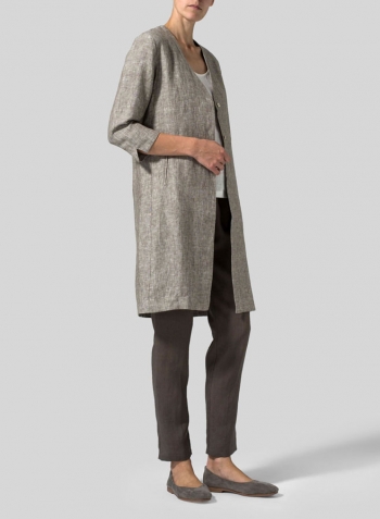 Two Tone Green White Linen Straight Fit V-Neck Long Jacket