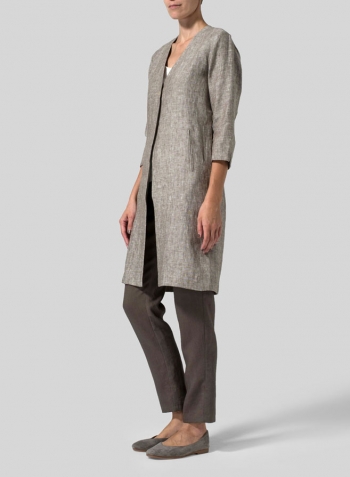 Two Tone Green White Linen Straight Fit V-Neck Long Jacket