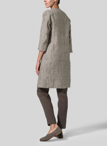 Two Tone Green White Linen Straight Fit V-Neck Long Jacket