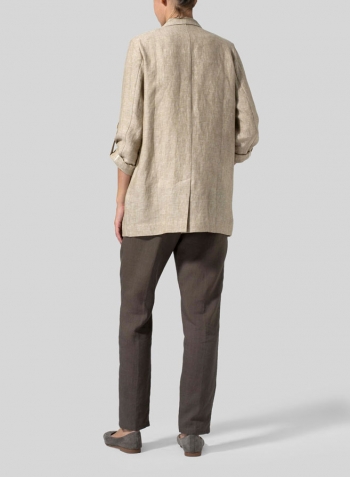 Khaki Beige Linen Double-Breasted Roll Sleeve Jacket