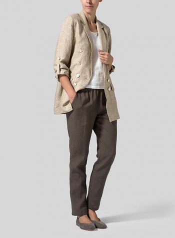 Khaki Beige Linen Double-Breasted Roll Sleeve Jacket