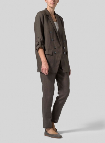 Dark Olive Linen Double-Breasted Roll Sleeve Jacket