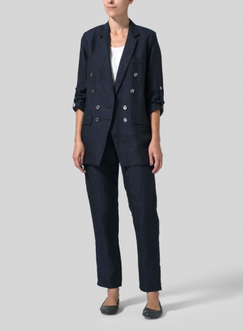 Denim Blue Linen Double-Breasted Roll Sleeve Jacket