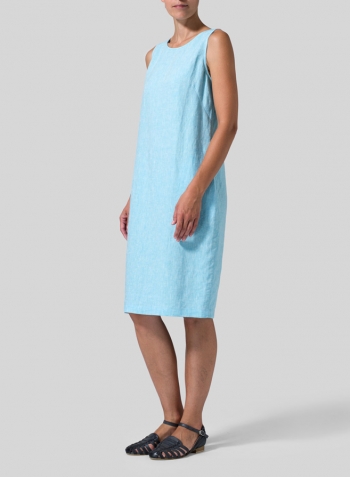 Azure Blue Linen Sleeveless Mid-Length Dress