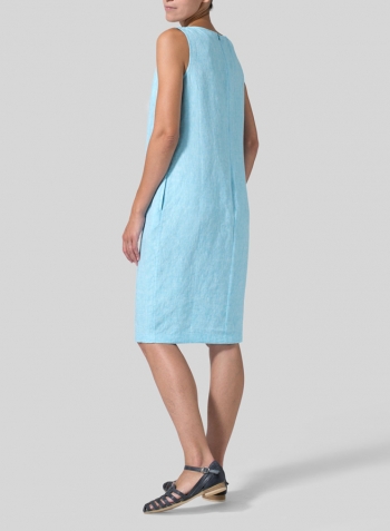 Azure Blue Linen Sleeveless Mid-Length Dress