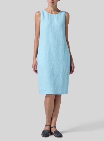 Azure Blue Linen Sleeveless Mid-Length Dress