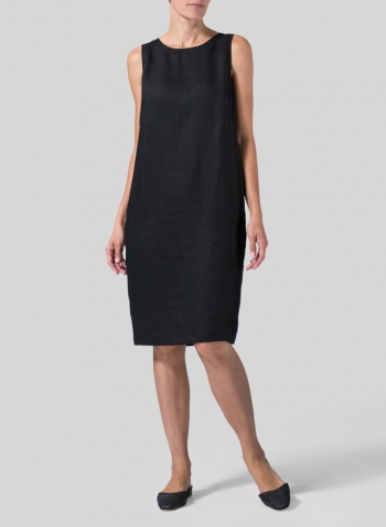 Black Linen Sleeveless Mid-Length Dress