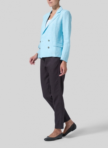 Azure Blue Linen Double-Breasted Cropped Blazer