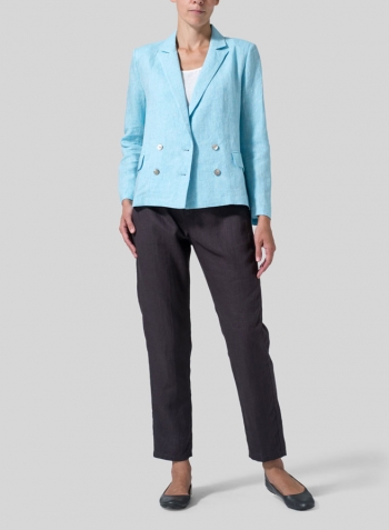 Azure Blue Linen Double-Breasted Cropped Blazer