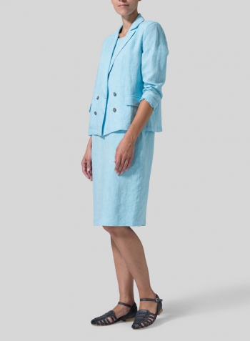 Azure Blue Linen Double-Breasted Cropped Blazer Set