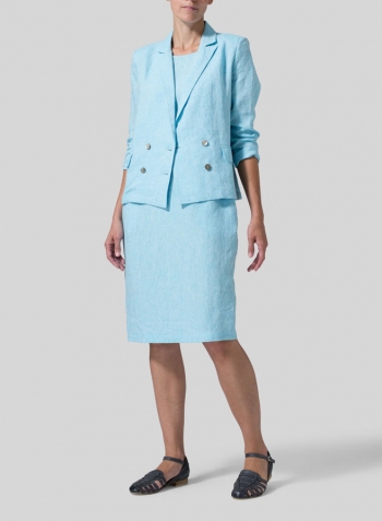 Azure Blue Linen Double-Breasted Cropped Blazer Set