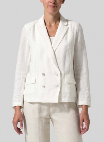 Off White Linen Double-Breasted Cropped Blazer