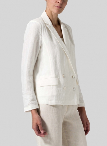 Off White Linen Double-Breasted Cropped Blazer