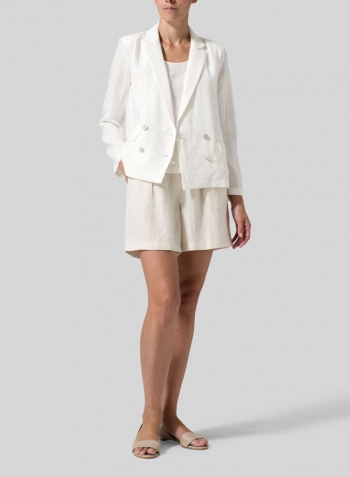 Off White Linen Double-Breasted Cropped Blazer Set