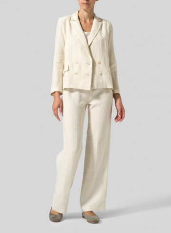 Sand Linen Double-Breasted Cropped Blazer