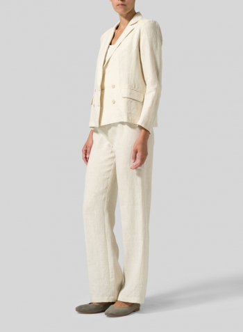 Sand Linen Double-Breasted Cropped Blazer