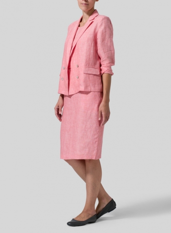 Sakura Pink Linen Double-Breasted Cropped Blazer Set