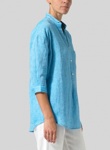 Sky Blue Linen Blouse With V-neck Mandarin Collar