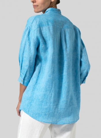 Sky Blue Linen Blouse With V-neck Mandarin Collar