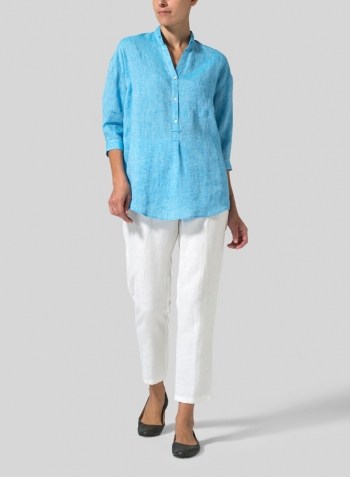 Sky Blue Linen Blouse With V-neck Mandarin Collar