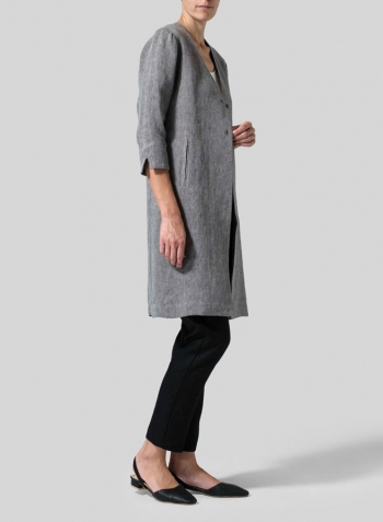 Two Tone Oat Black Linen Straight Fit V-Neck Long Jacket