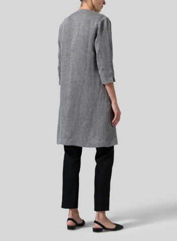 Two Tone Oat Black Linen Straight Fit V-Neck Long Jacket