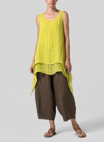 Yellow Gray Linen Sleeveless Layered Lightweight Top