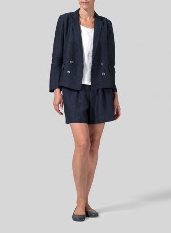 Denim Linen Double-Breasted Cropped Blazer Set