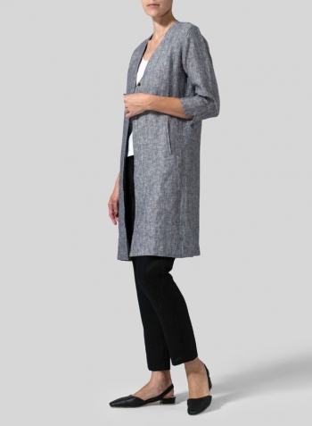 Two Tone Navy White Linen Straight Fit V-Neck Long Jacket
