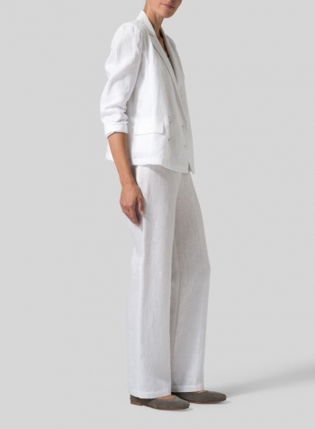 White Linen Double-Breasted Cropped Blazer Set