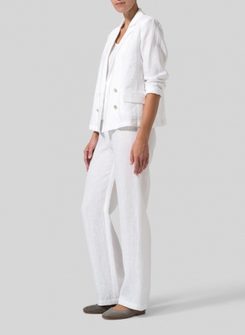 White Linen Double-Breasted Cropped Blazer Set