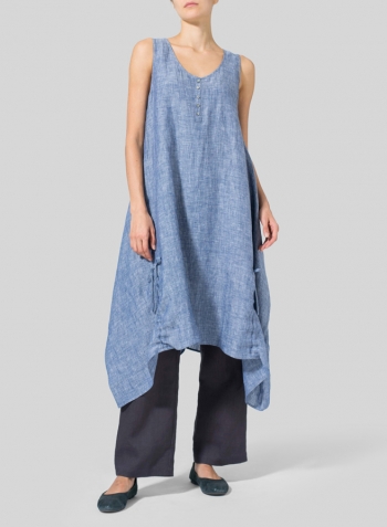 Two Tone Denim Linen Layering Sleeveless Dress Set