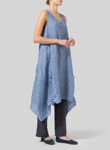 Two Tone Denim Linen Layering Sleeveless Dress Set