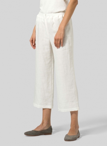 Cream White Linen Straight Leg Cropped Pants Set