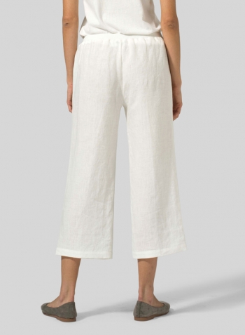 Cream White Linen Straight Leg Cropped Pants Set