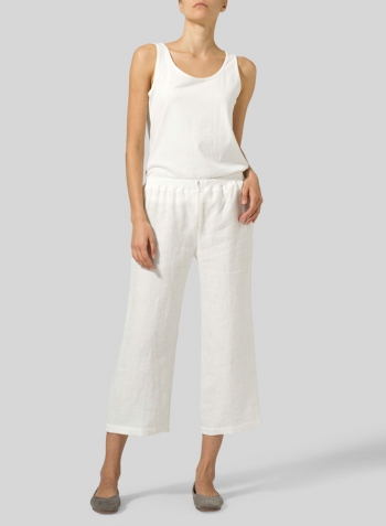 Cream White Linen Straight Leg Cropped Pants Set