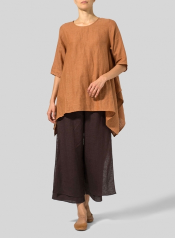 Rust Orange Linen Half Sleeves Handkerchief Hem Tunic