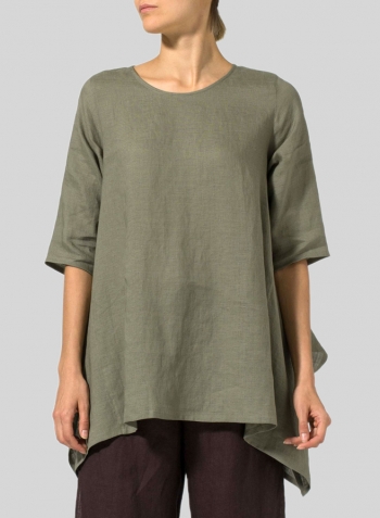 Dark Khaki Linen Half Sleeves Handkerchief Hem Tunic