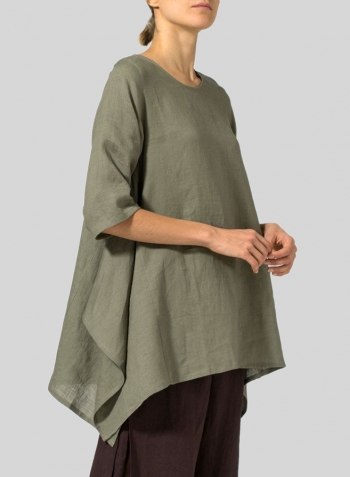 Dark Khaki Linen Half Sleeves Handkerchief Hem Tunic