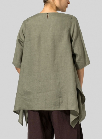 Dark Khaki Linen Half Sleeves Handkerchief Hem Tunic