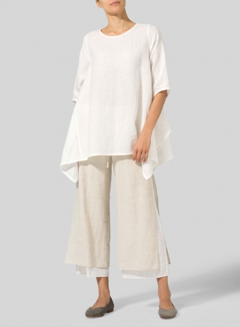 Off White Linen Half Sleeves Handkerchief Hem Tunic