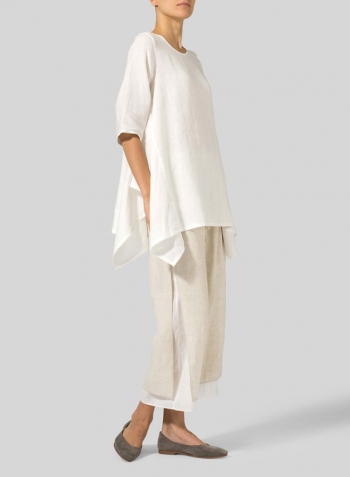 Off White Linen Half Sleeves Handkerchief Hem Tunic