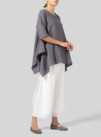 Gray Linen Half Sleeves Handkerchief Hem Tunic