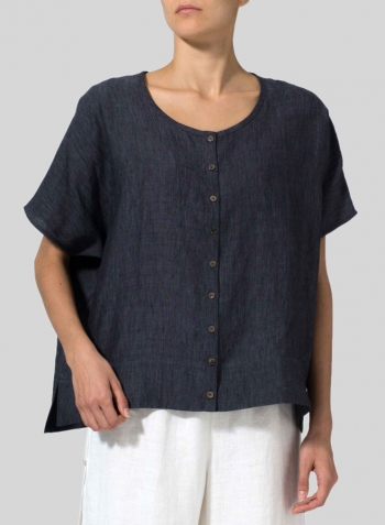 Smokey Blue Gray Linen Wide S/Sleeve Blouse