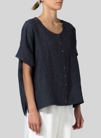 Smokey Blue Gray Linen Wide S/Sleeve Blouse