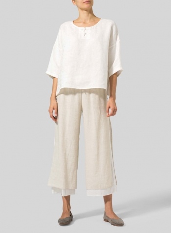 Lily White Linen Handmade Knot Button Patterned Top